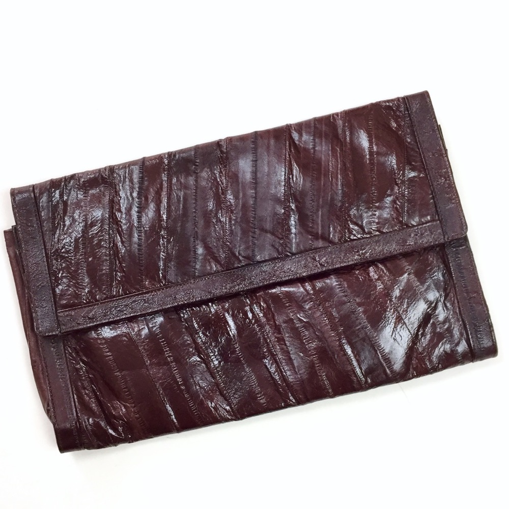 Vtg Eel Skin Leather Large Brown Envelope Clutch Purse